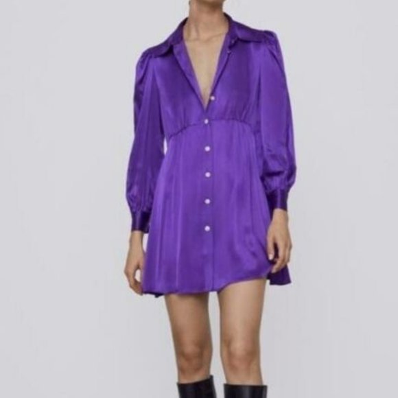 Zara Purple Satin Effect Jewel Buttoned Mini  Dress Size L - Picture 1 of 12